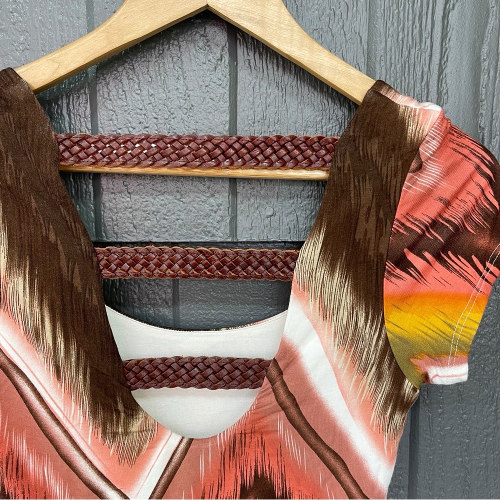Sky Chevron Brown Orange Mustard Yellow Top with Faux Leather Braided Back - Picture 6 of 8